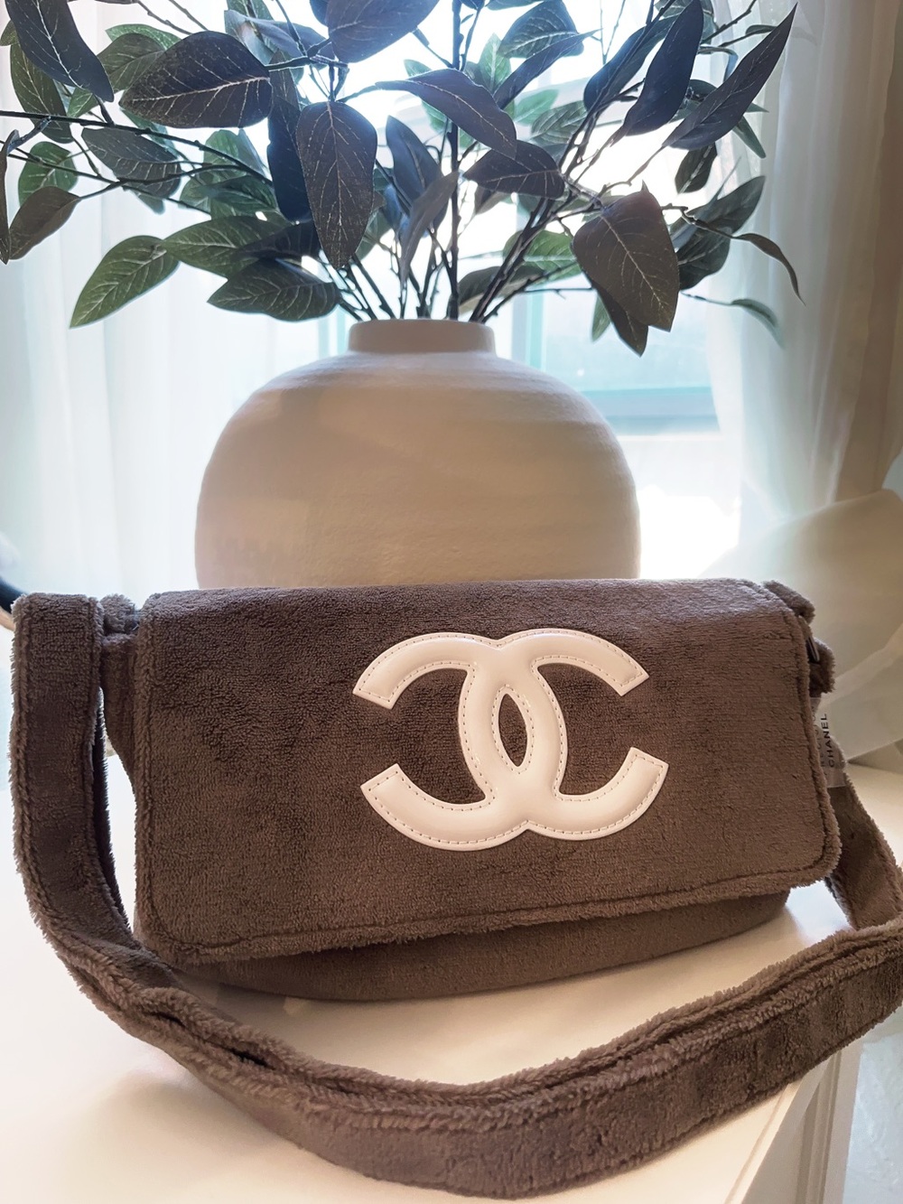 Precision Brown Faux-Fur Shoulder Bag with White CC Logo